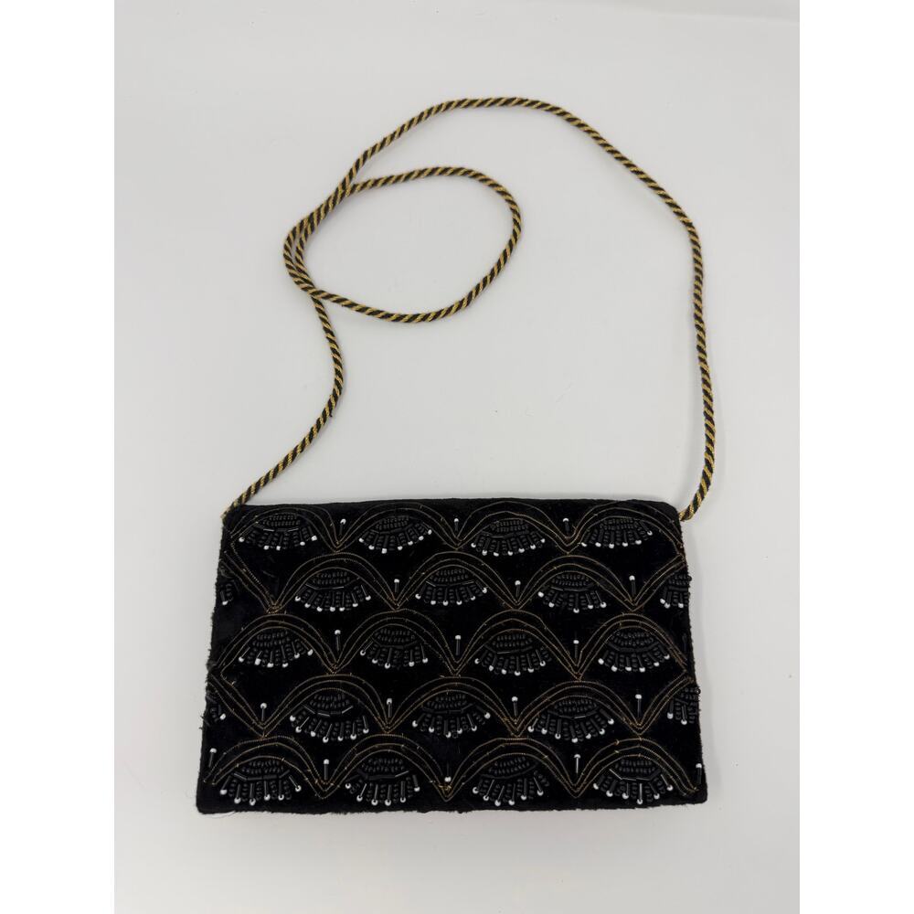 Vintage Art Deco Beaded Velvet Purse Embroidered Bullion Black Crossbody Evening